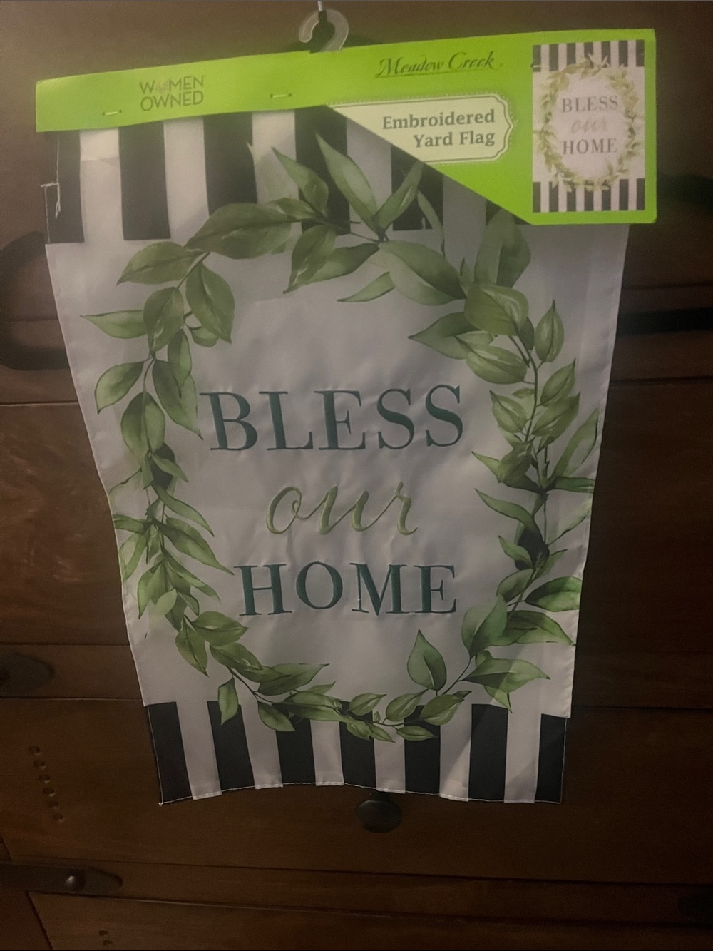 "Bless Our Home" Embroidered Garden Flag - White & Green